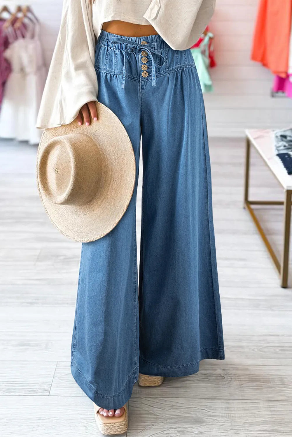 Drawstring Elastic Waist Wide Leg Jeans Dynamic Women's Moto