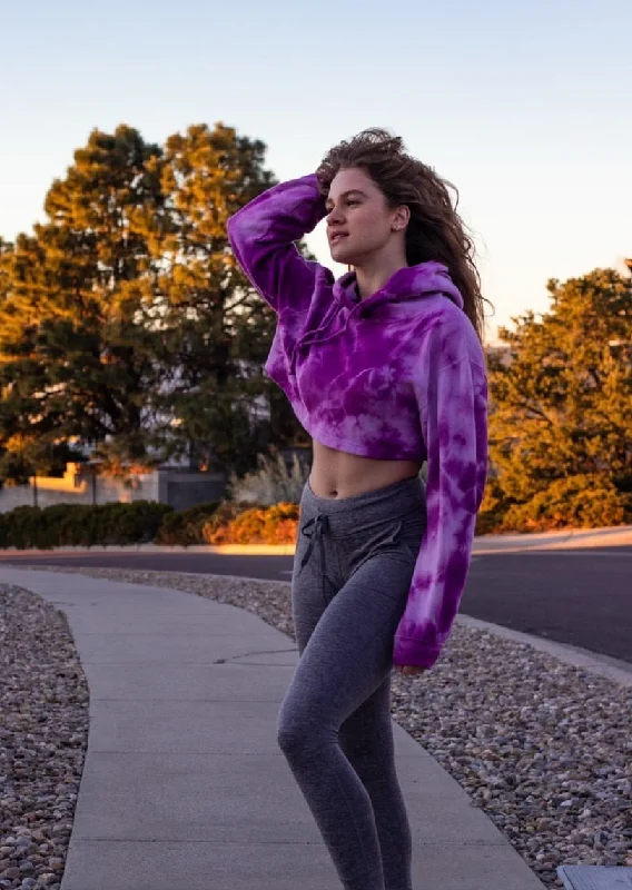 Magenta Crystal Wash Tie Dye Crop Top Hoodie Cool Women's Distressed