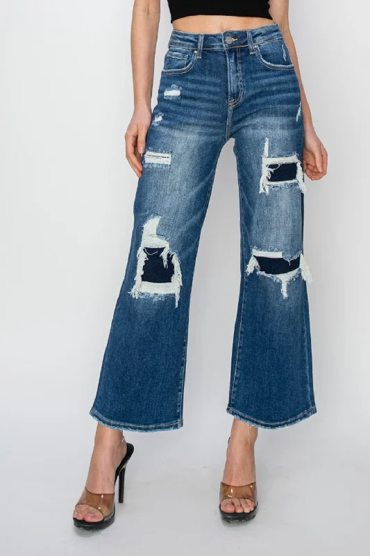 Risen Full Size High Rise Patch Detailed Wide Leg Crop Jeans Artistic Women's Avant - 
