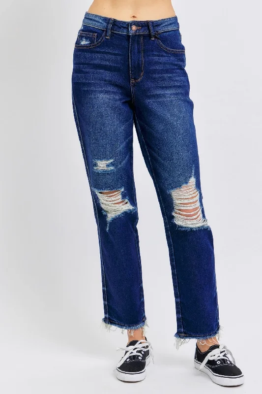 Judy Blue Full Size High Waist Rigid Magic Heavy Destroy Straight Jeans Dapper Women's 1920S