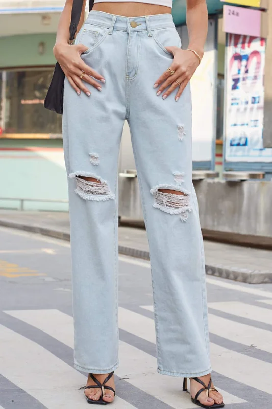 Baeful Distressed Straight Leg Jeans with Pockets Trendy Women's 