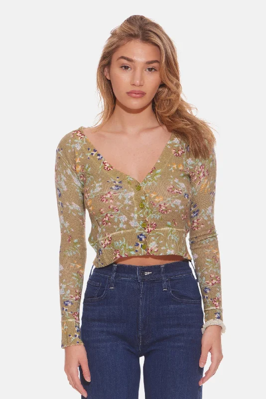 Noa Floral Shrunken Cardigan Olive Edgy Women's Punk
