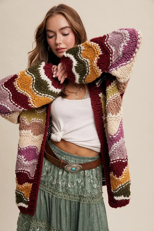 Whitney Wavy Color Block Hand Crochet Knit Cardigan Sophisticated Women's Tailored