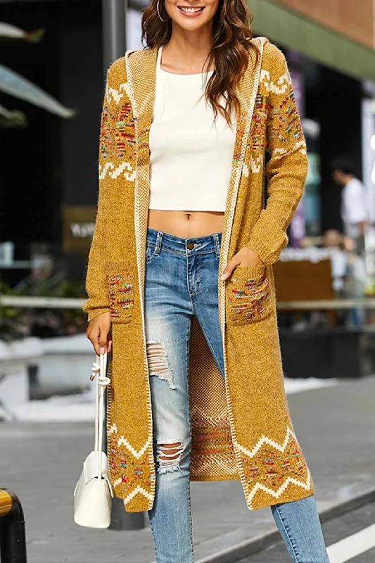 Floral Hooded Slit Long Cardigan Country
