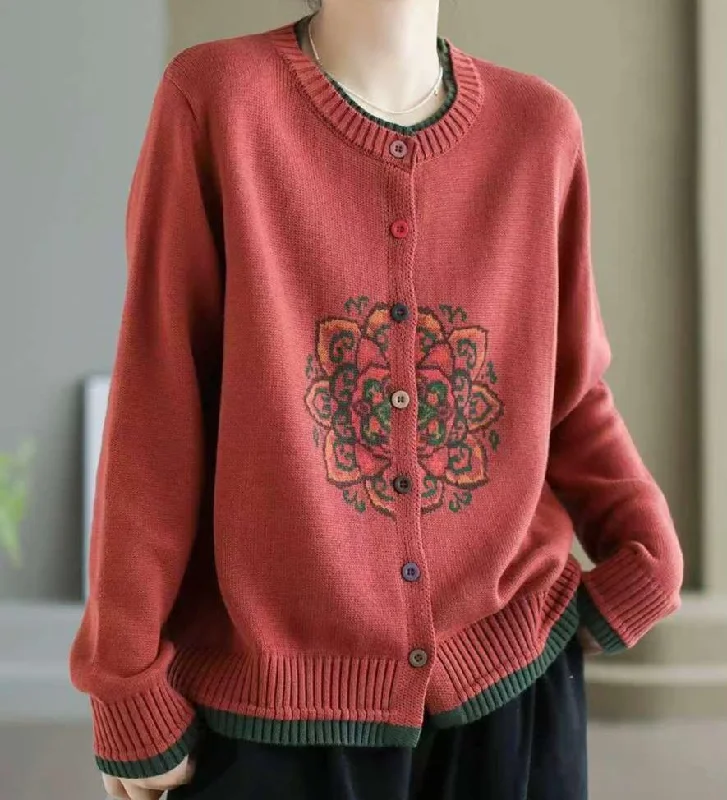 Women Casual Embroidered Knitted Sweater Cardigan Bold Women's Animal Print