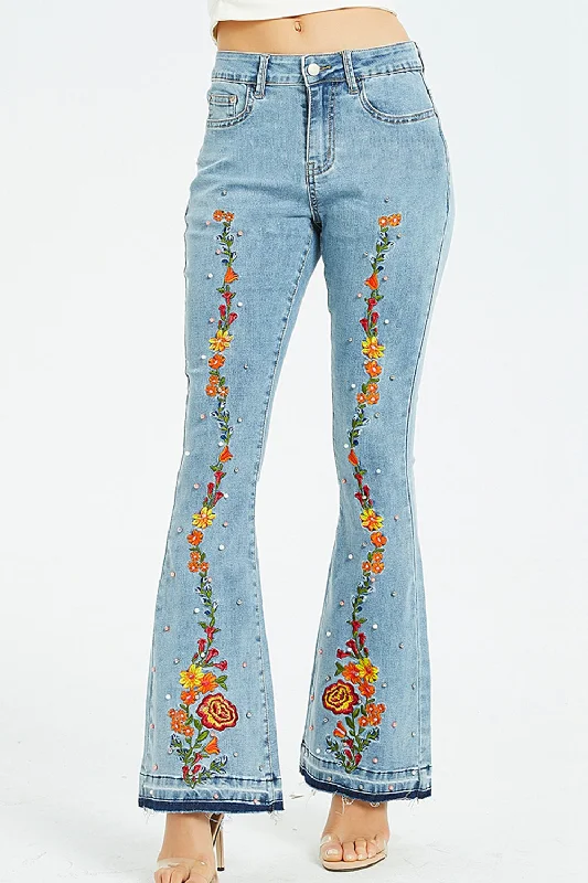 Full Size Flower Embroidery Wide Leg Jeans Cool Women's Distressed