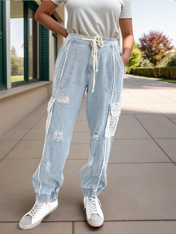 Crochet Pocketed Distressed Drawstring Jeans Laid - back Women's Style