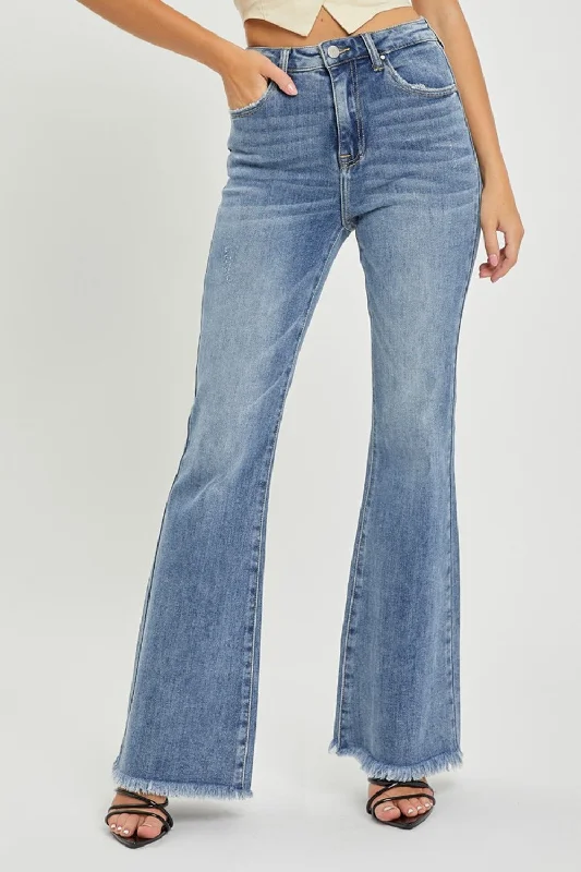 RISEN Full Size High Waist Raw Hem Flare Jeans Sophisticated Women's 
