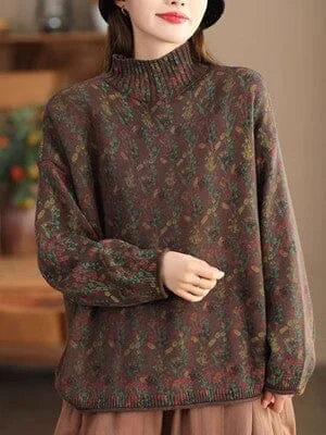 Spring Retro Print Cotton Knitted Cardigan Earthy Women's 