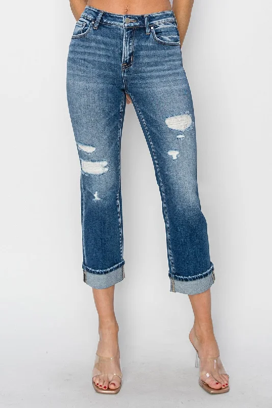 RISEN Full Size Cuffed Ankle Distressed Straight Jeans Scandinavian