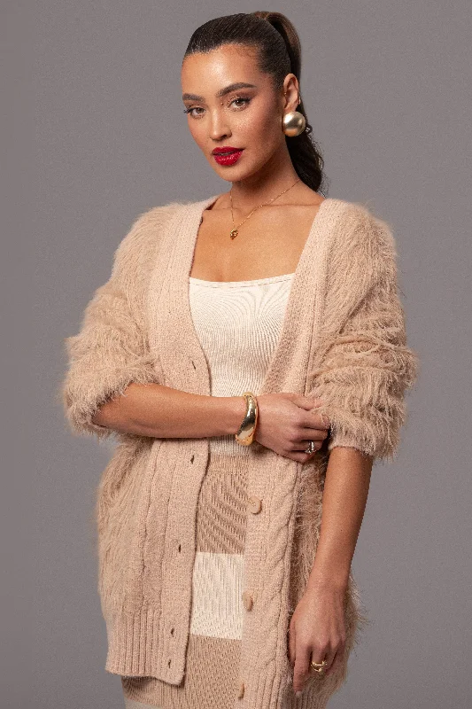 Tan Lola Fuzzy Knit Cardigan Cool Women's Distressed
