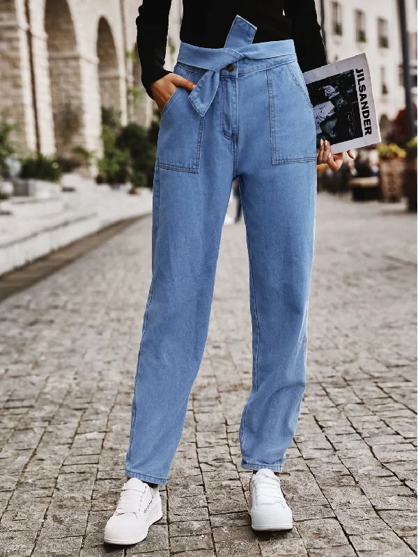 Tied Straight Jeans with Pockets Practical Women's Multi - 