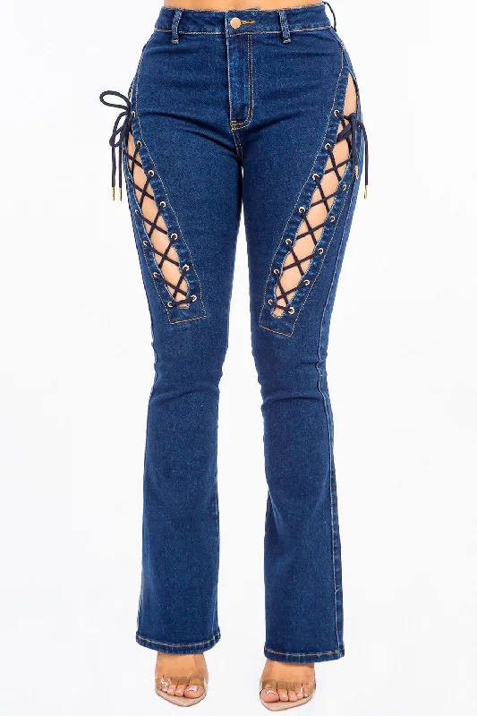 American Bazi High Rise Lace Up Jeans Refined Women's Hand - crafted