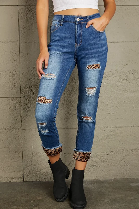 Baeful Leopard Patch Distressed Cropped Jeans British Gentlewoman Style