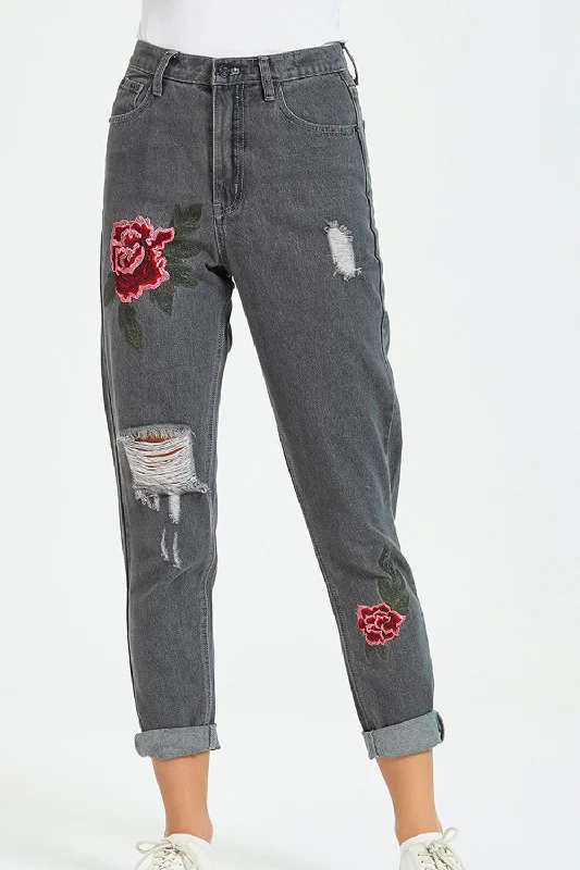 Flower Embroidery Distressed Jeans Gym