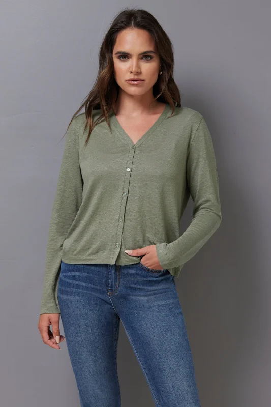 Majestic Stretch Linen Cardigan in Kaki Edgy Women's Punk