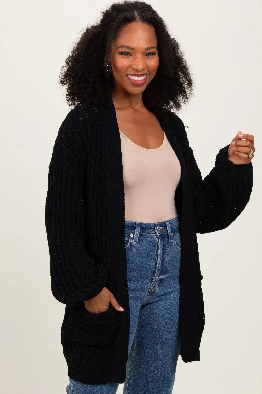 Black Chunky Knit Oversized Pocket Cardigan Confident Women's Power