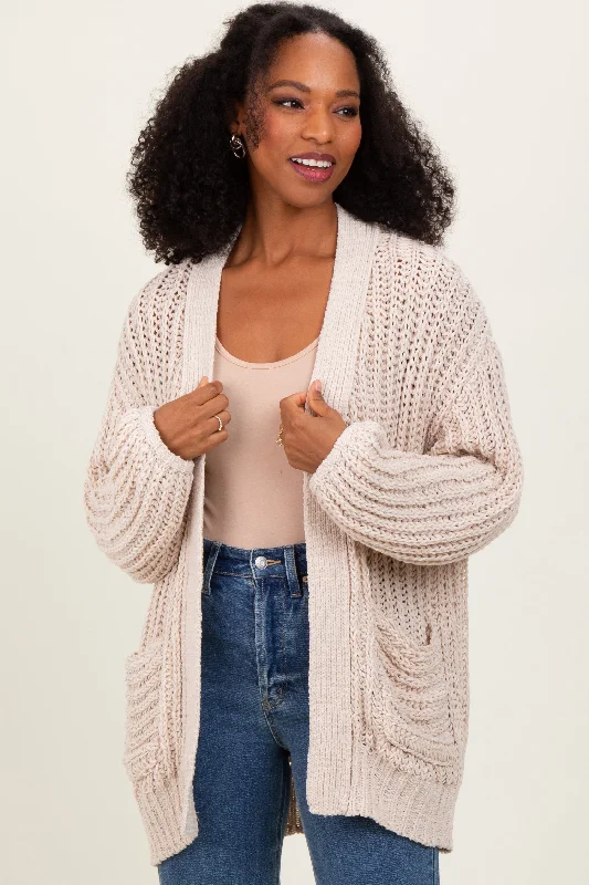 Beige Chunky Knit Oversized Pocket Cardigan Sustainable Organic