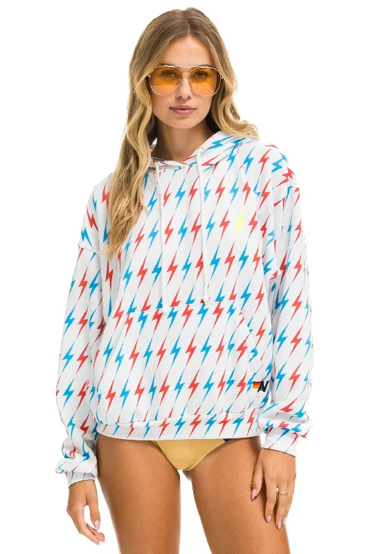 AVIATOR BOLT W/ BOLT EMBROIDERY RELAXED PULLOVER HOODIE - WHITE // USA Bold Women's Statement AVIATOR BOLT W/ BOLT EMBROIDERY RELAXED PULLOVER HOODIE - WHITE // USA Bold Women's Statement