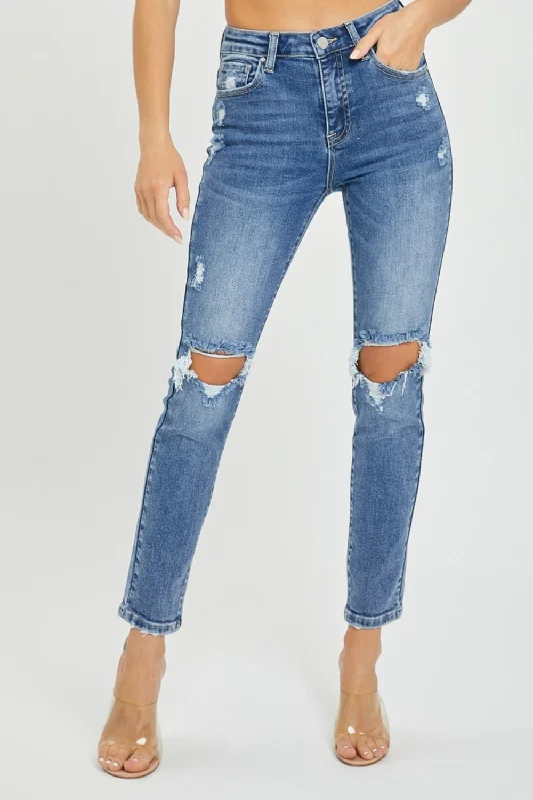 Risen Full Size High Rise Knee Distressed Skinny Jeans Trendy Women's 