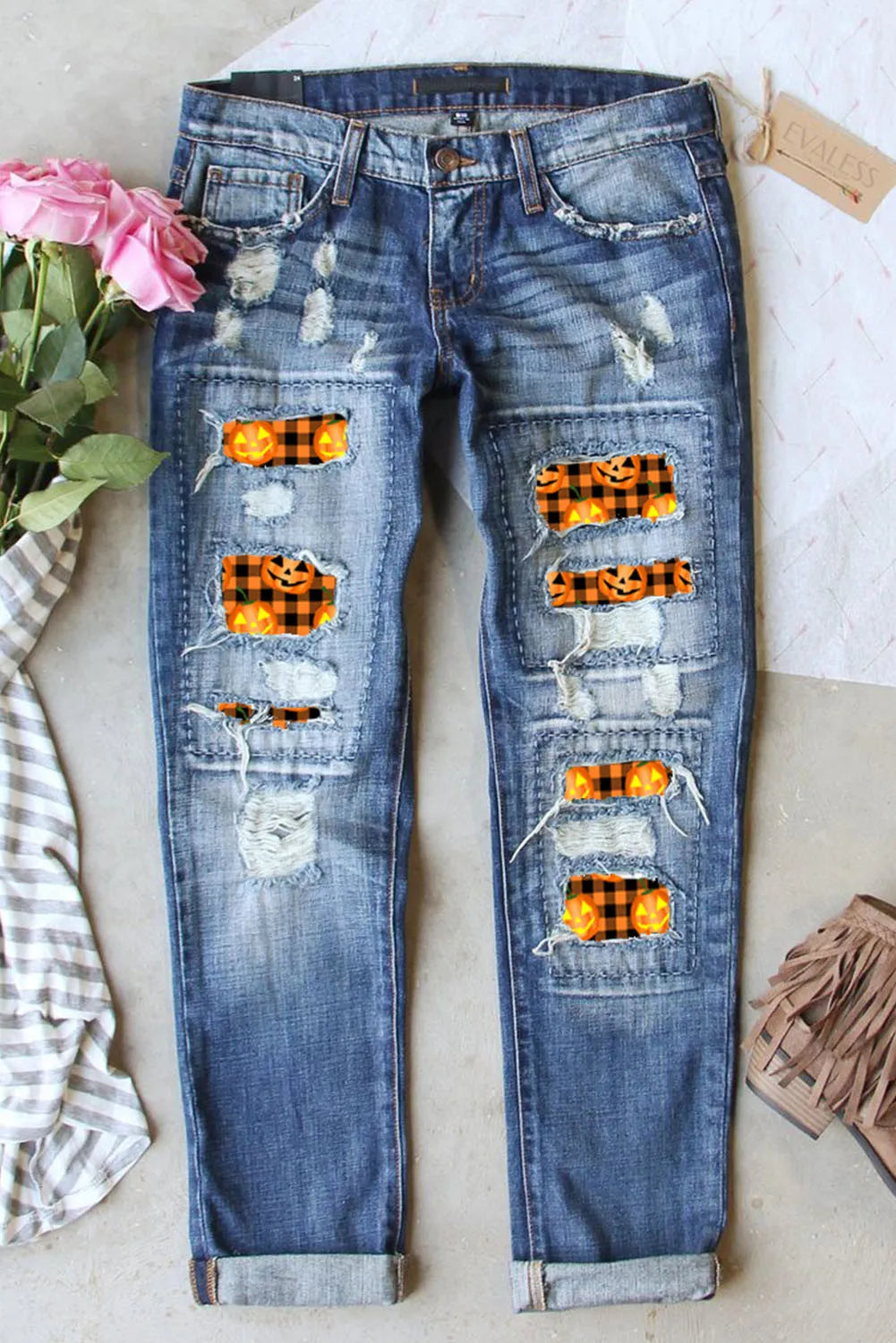 Distressed Pumpkin Pattern Jeans with Pockets Feminine Women's Soft 