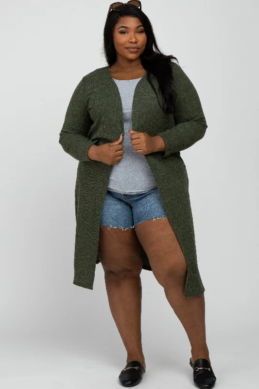 Olive Heathered Ribbed Side Slit Long Plus Cardigan Sharp Women's Italian