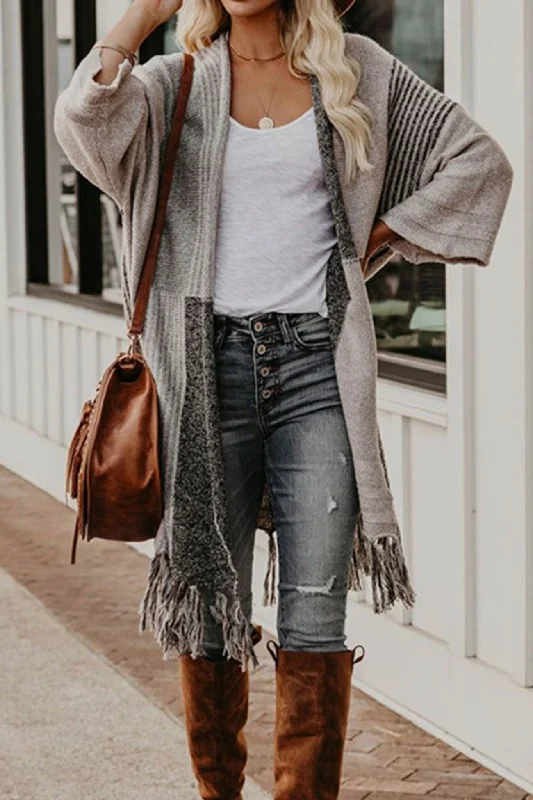 Contrast Fringe Hem Shawl Cardigan Rugged Women's Outdoor 