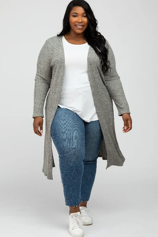 Beige Heathered Ribbed Side Slit Long Plus Cardigan Sophisticated Women's 