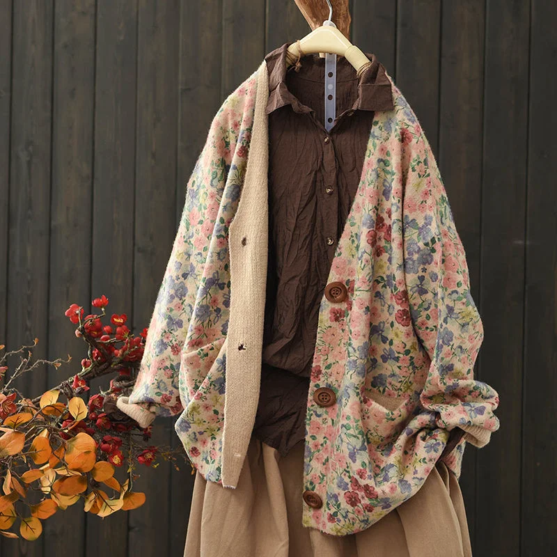 Women Spring Vintage Floral Mink Velvet Knit Cardigan Casual Women's Loose - fitting