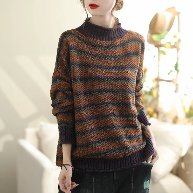 Autumn Casual Loose Fashion Knitted Stripe Cardigan Trendy Women's 