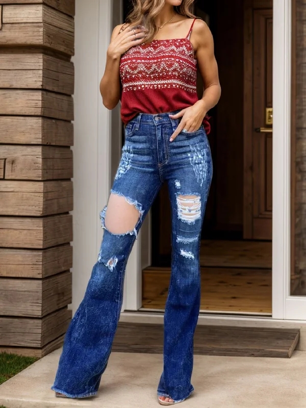 Raw Hem Distressed Bootcut Jeans Casual Women's Japanese 