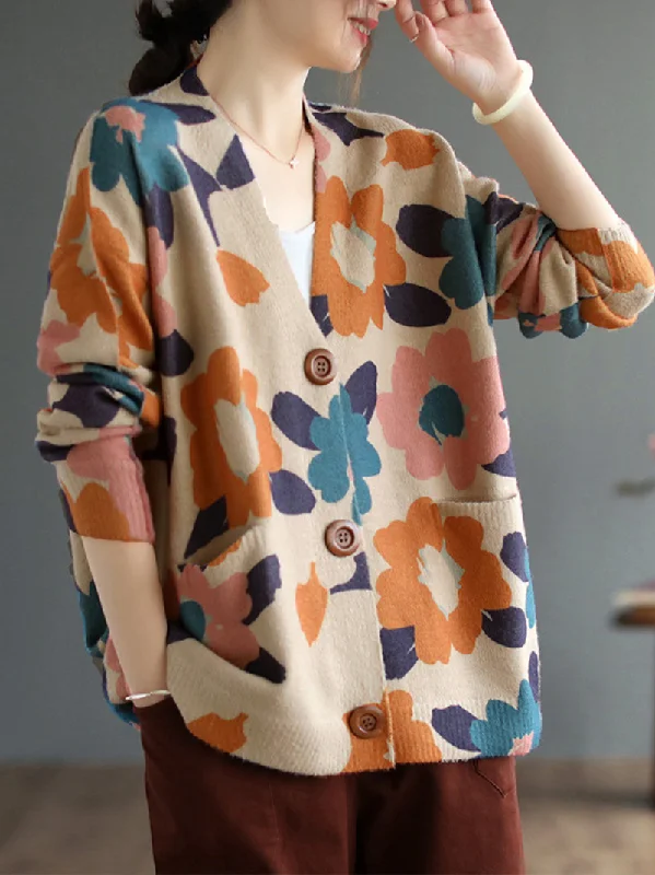 Open-Front Women's  Printed Flower Cardigan Artistic Women's Hand - painted