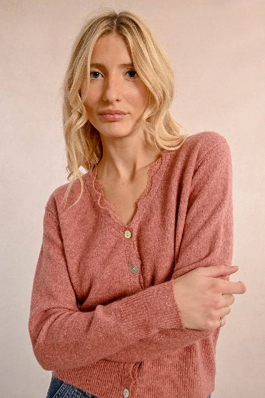 Lili Sidonio Old Pink V Neck Scalloped Cardigan Sophisticated Women's Tailored