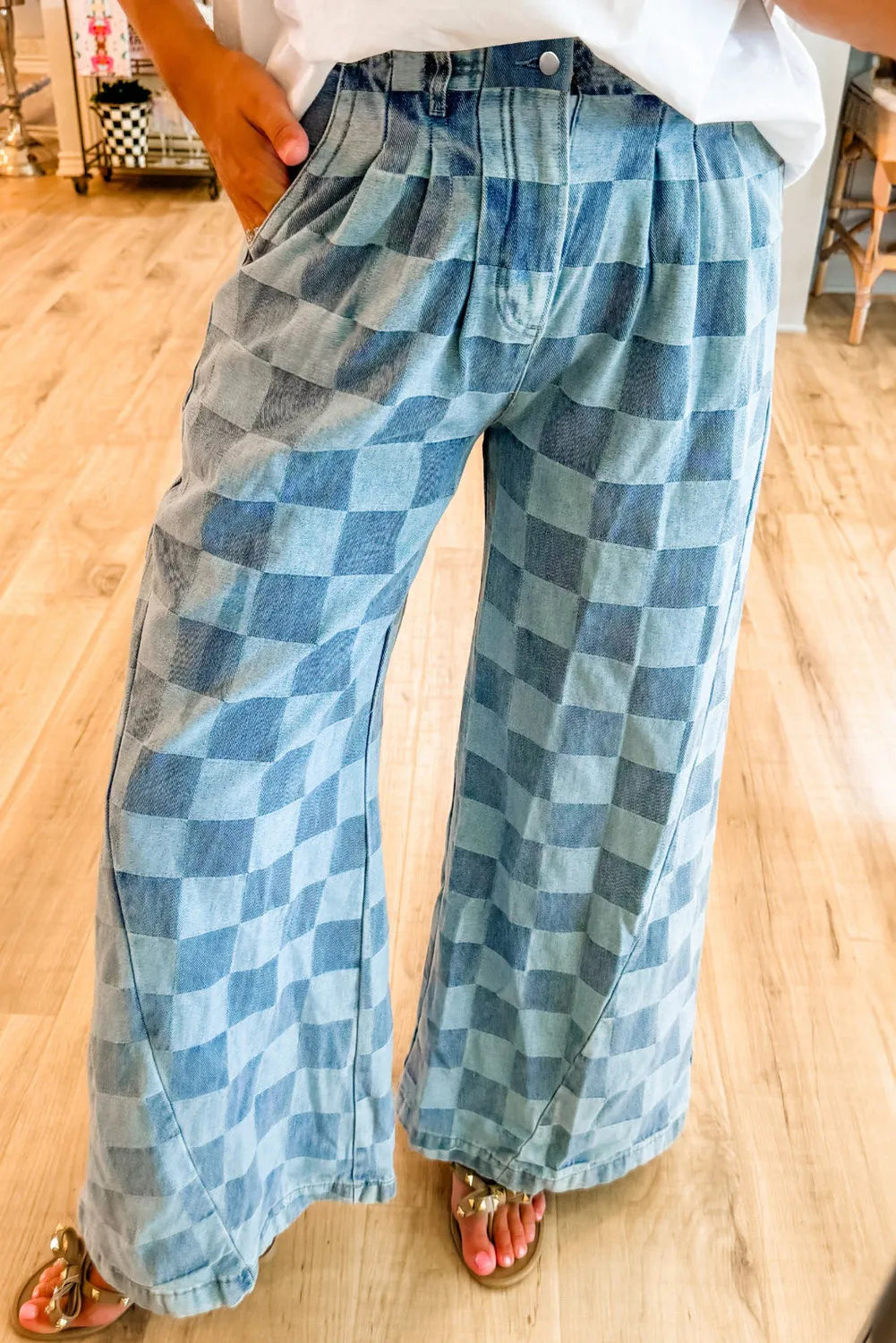 Checkered Wide Leg Jeans with Pockets Hip Women's Urban