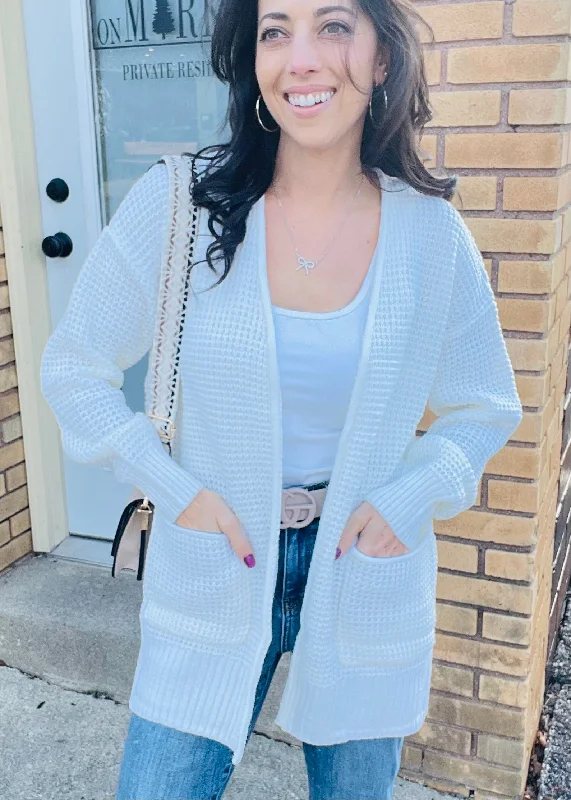 Ivory Open Front Waffle Cardigan Trendy Women's Oversized
