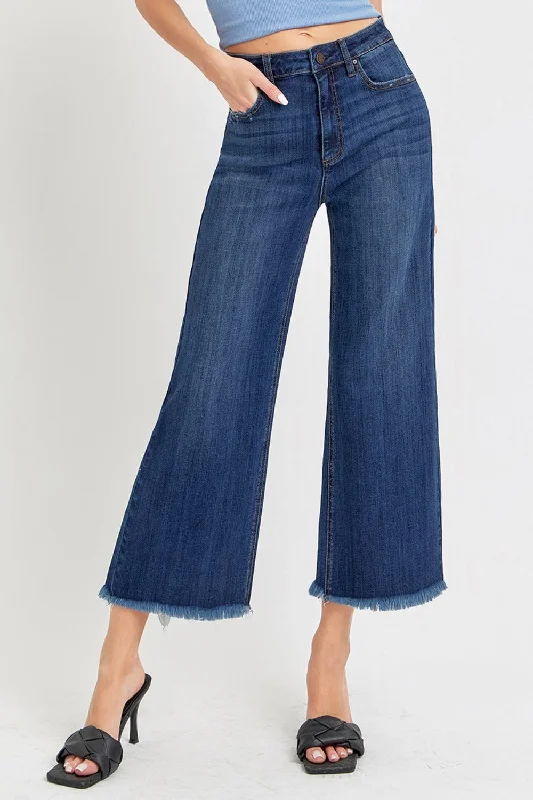 RISEN Full Size Raw Hem Cropped Wide Leg Jeans Earthy Women's 