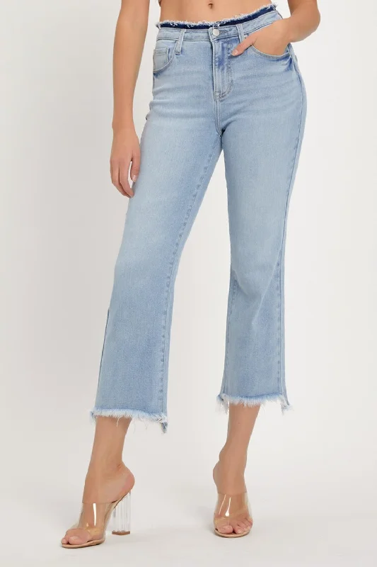 RISEN Full Size High Rise Raw Edge Crop Jeans Country