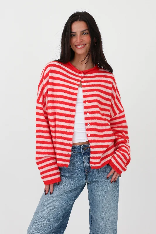 Phoebe Cardigan in Pink/Red Stripe Classic Women's Tweed