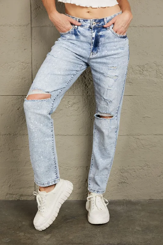 Baeful Splatter Distressed Acid Wash Jeans with Pockets Bohemian Women's Free