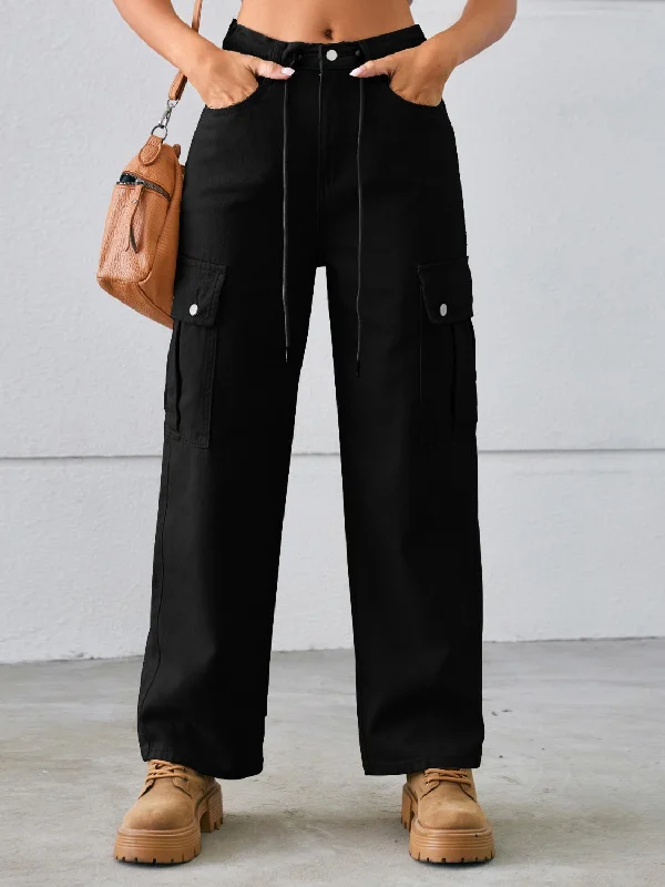 Drawstring Mid-Rise Waist Straight Cargo Jeans Modern Women's 