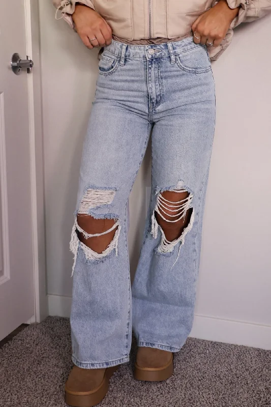 Light Wash High Rise Destroyed Wide Leg Jeans Unique Women's Upcycled