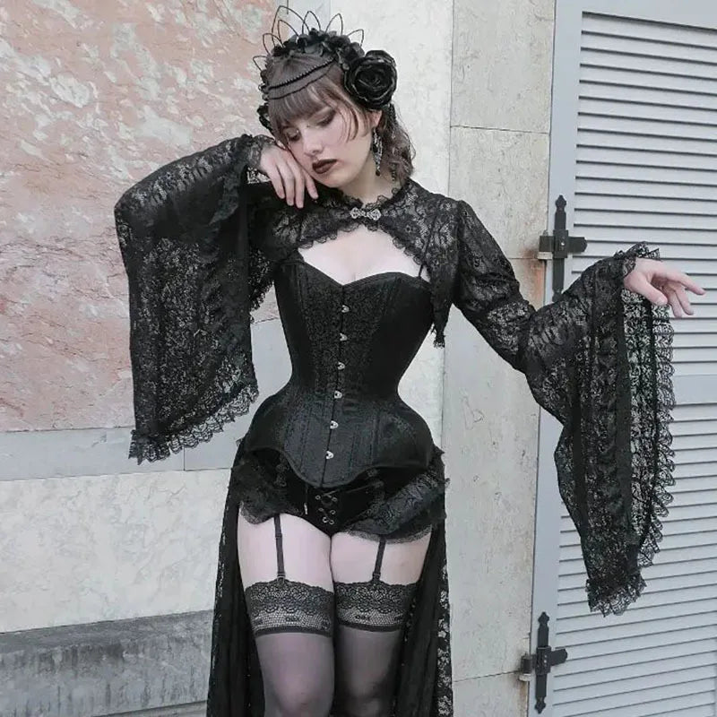 Sheer cropped long-bell-sleeve gothic sexy crochet dark punk Cardigans Practical Women's Quick - dry