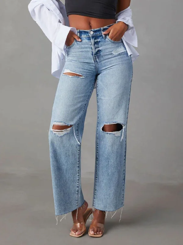 Distressed Straight Leg Jeans with Pockets Business