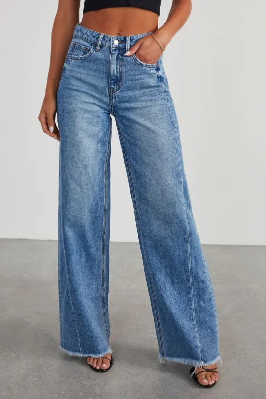 Raw Hem Wide Leg Jeans with Pockets Country