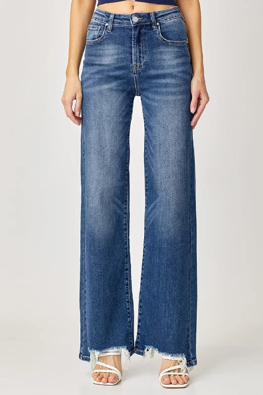 Risen Full Size High Rise Frayed Hem Wide Leg Jeans Vacation