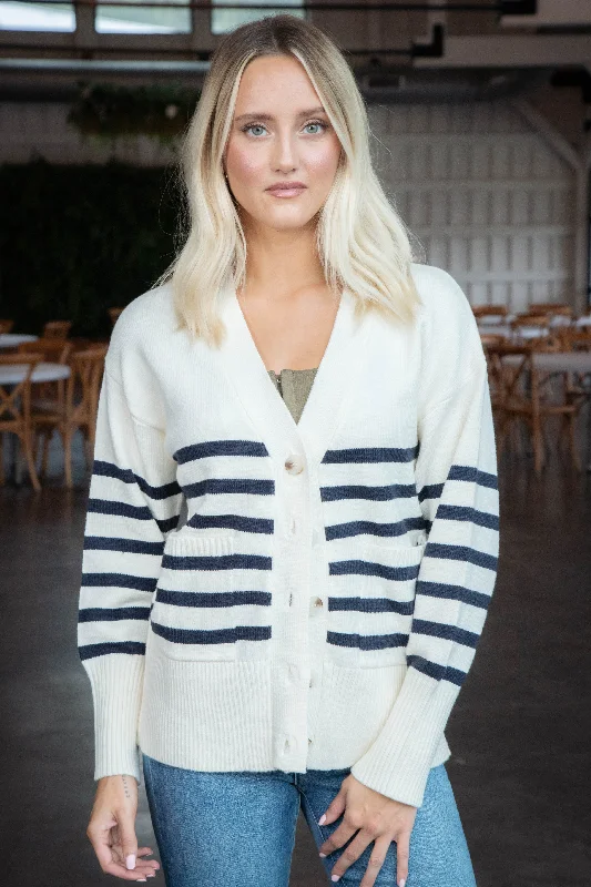 Blair Striped Button Down Cardigan, Cream Refined Women's Classic 