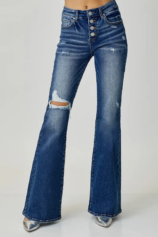 RISEN Distressed Button-Fly Flare Jeans French