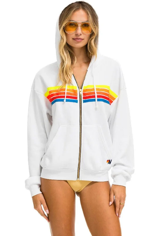 5 STRIPE RELAXED ZIP HOODIE - WHITE // NEON RAINBOW Preppy Women's College