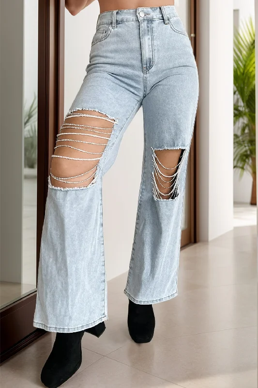 Distressed Bead Chain Straight Jeans Sporty Women's Athleisure 
