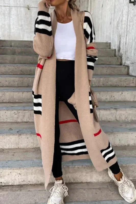 Contrast Striped Open Front Cardigan Sophisticated Women's 